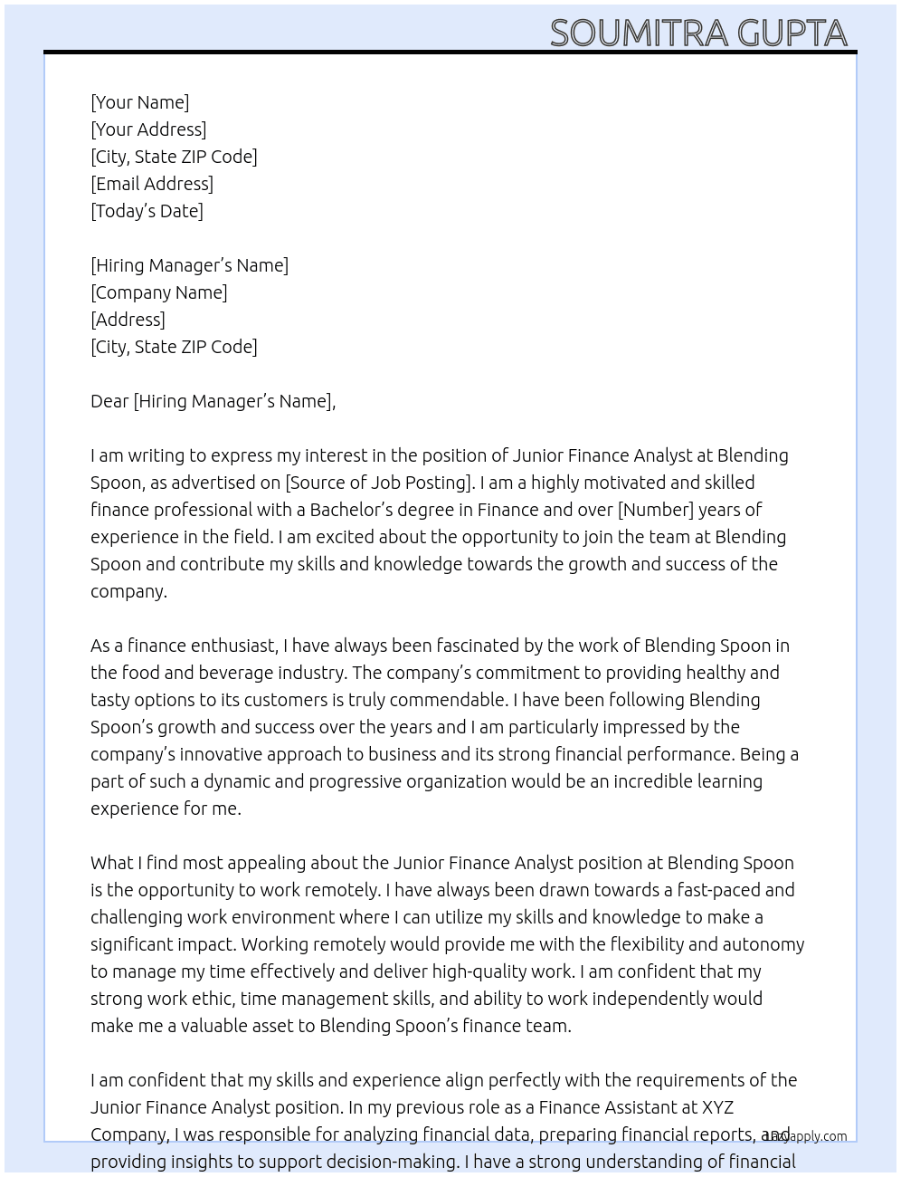 Junior Finance Analyst At Blending Spoon Cover Letter