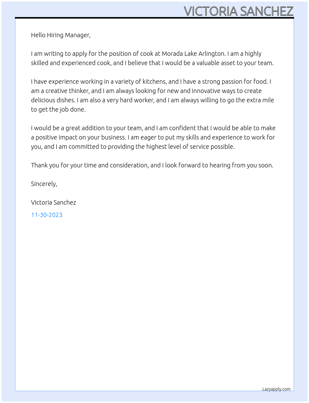 Cook At Morada Lake Arlington Cover Letter