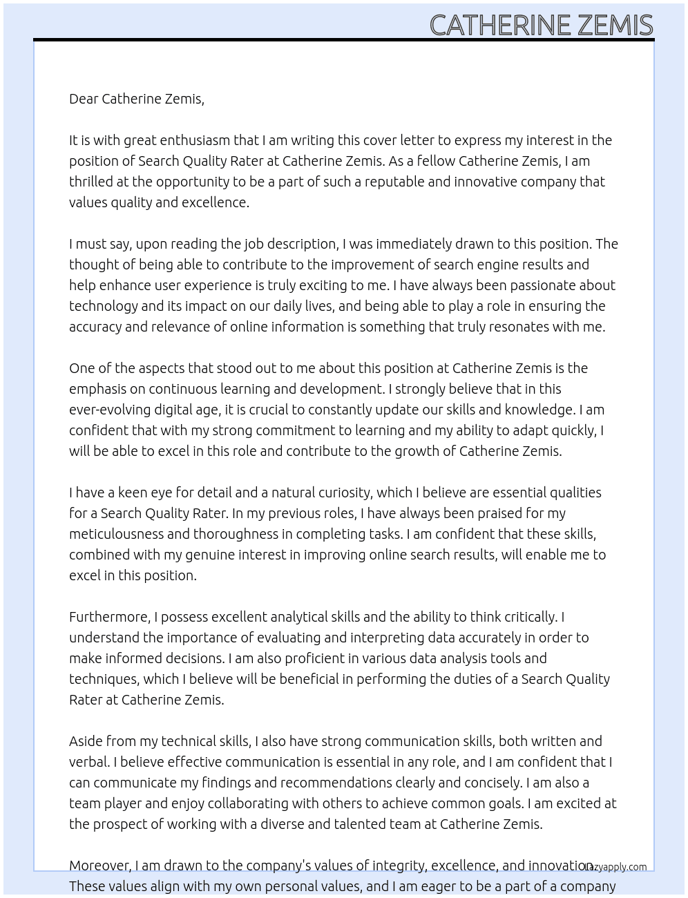 Search Quality Rater At Catherine Zemis Cover Letter