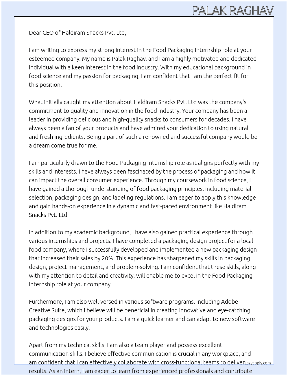 Food packaging At Haldiram snacks Pvt. Ltd Cover Letter