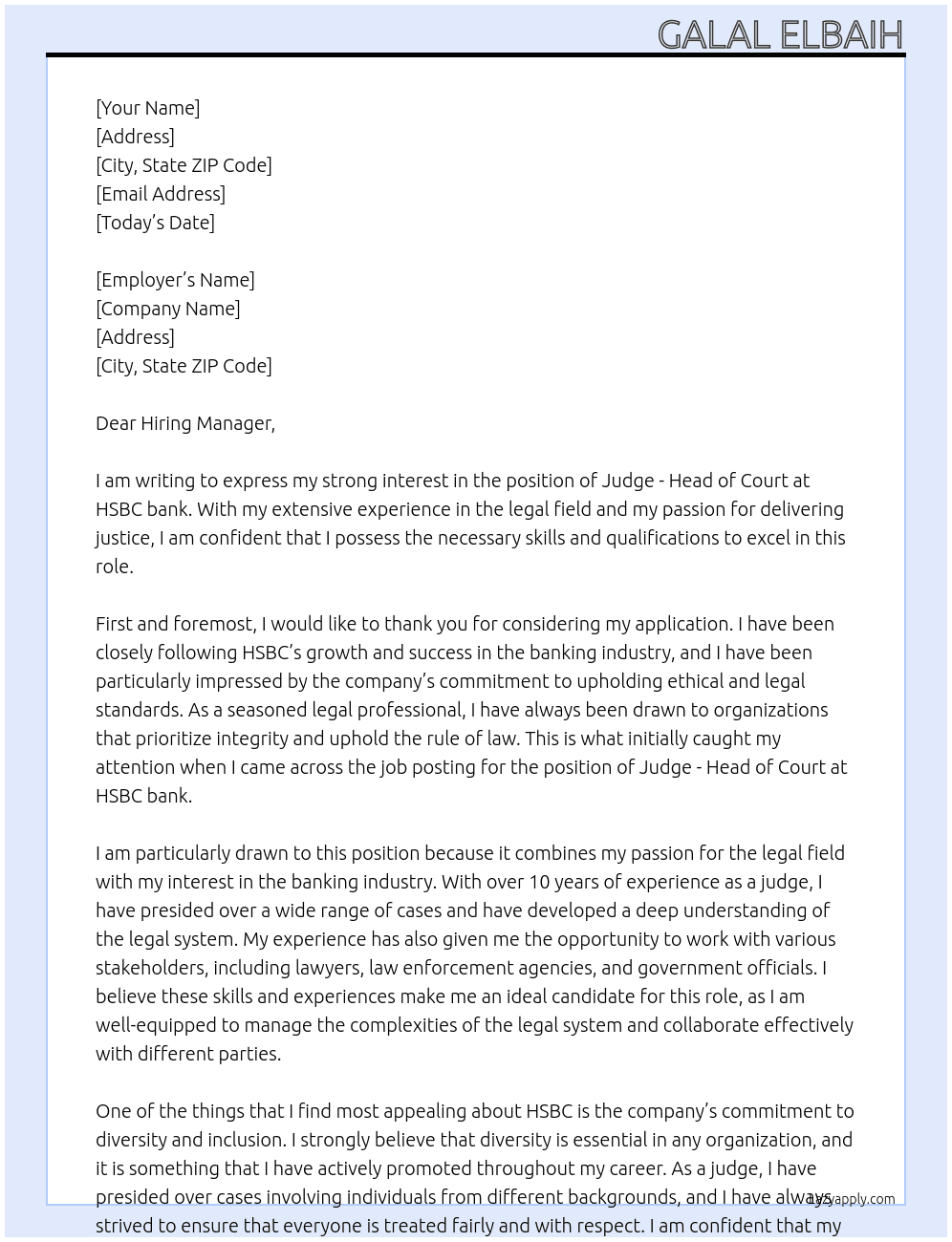 Judge - Head of Court At HSBC bank Cover Letter