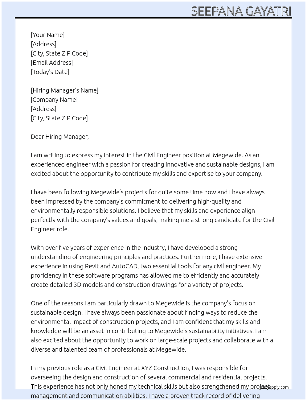 civil engineer At megewide Cover Letter