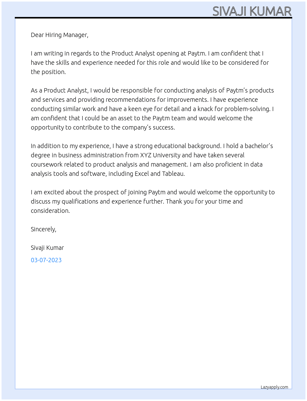 Product Analyst  At paytm Cover Letter