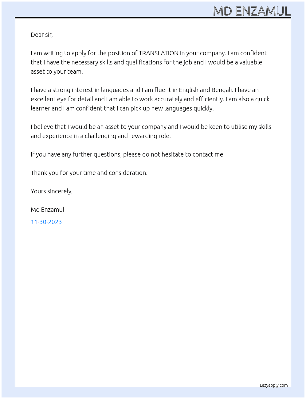 TRANSLATION At company Cover Letter