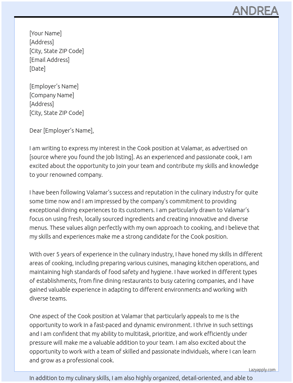 cook At valamar Cover Letter