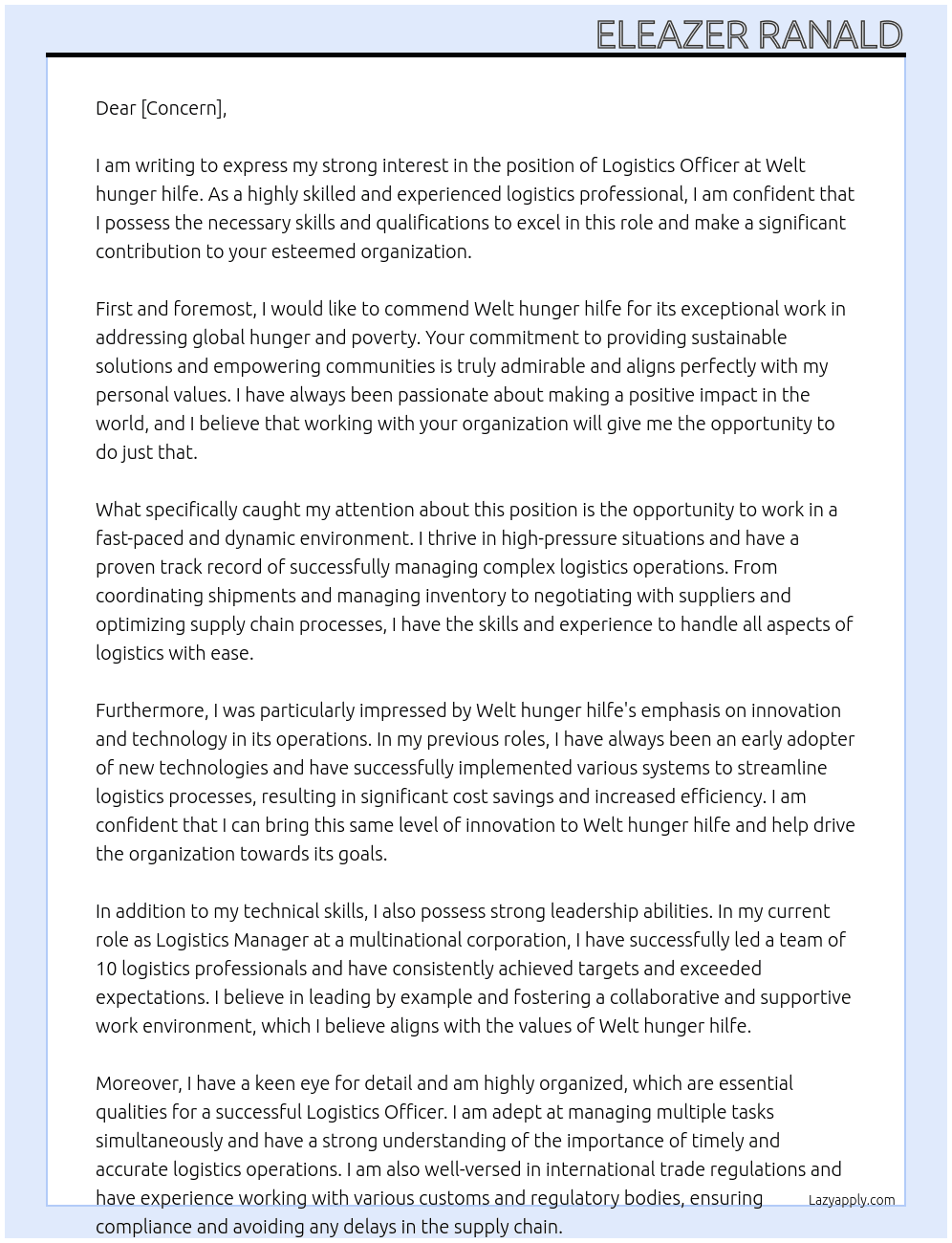 Logistics Officer At Welt hunger hilfe Cover Letter