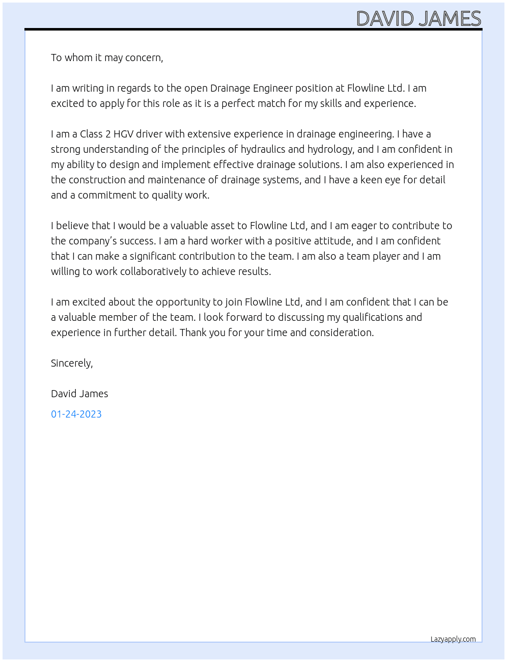 Drainage Engineer At Flowline Ltd Cover Letter