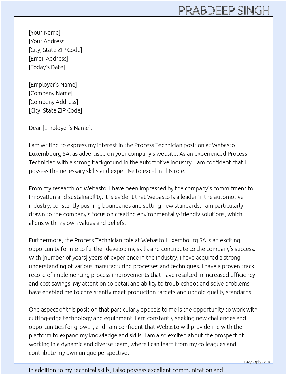 Process Technician (f/m/x) At Webasto Luxembourg SA Cover Letter