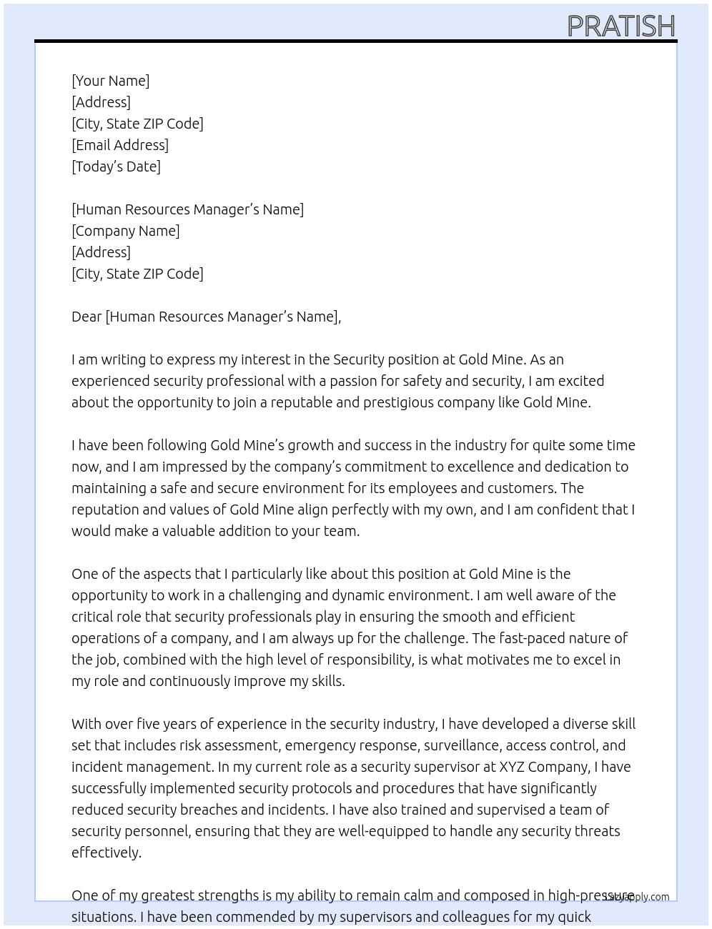 Security At Gold mine Cover Letter