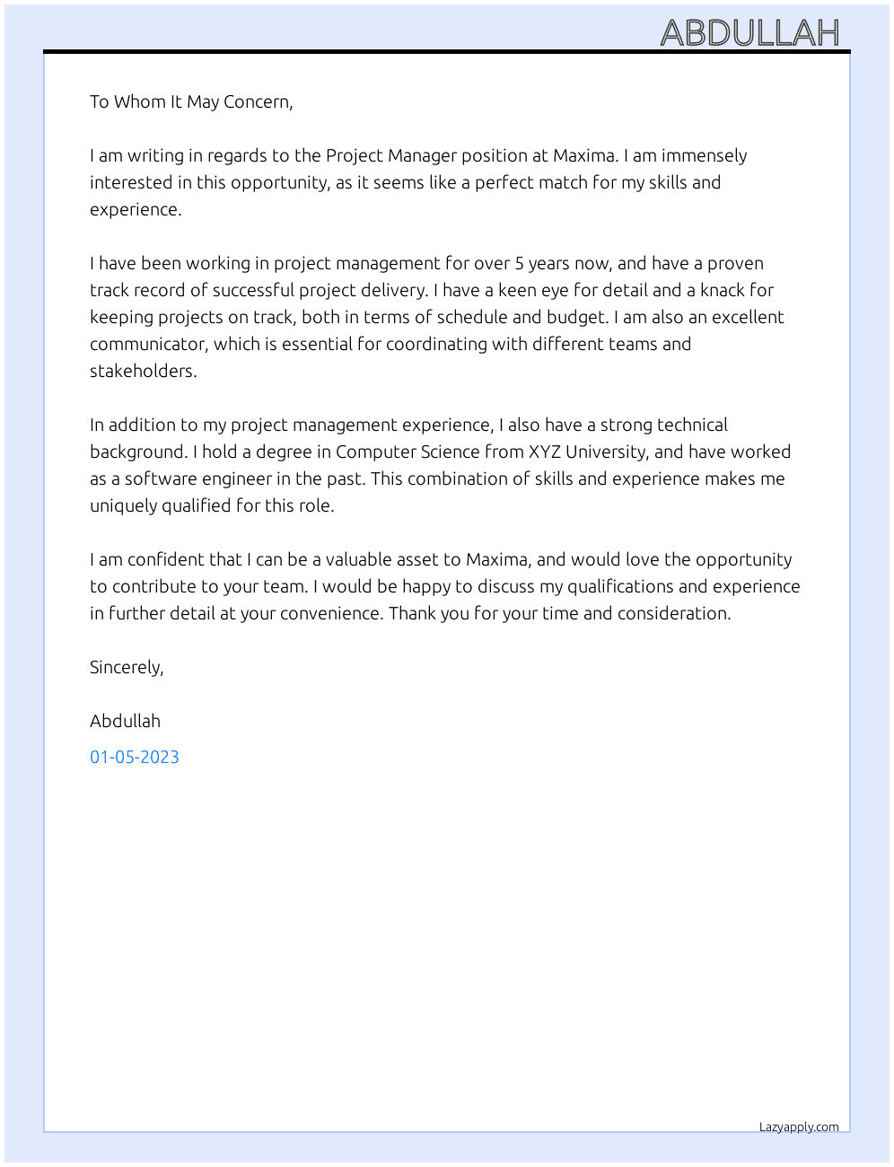 Project Manager  At Maxima  Cover Letter