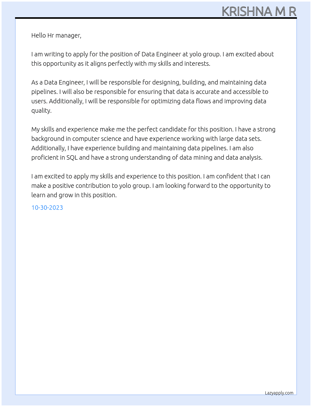 Data engiineer At yolo group Cover Letter