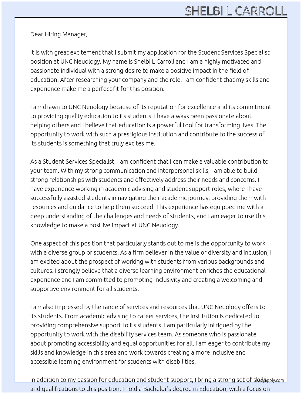 Student Services Specialist At UNC Neuology Cover Letter