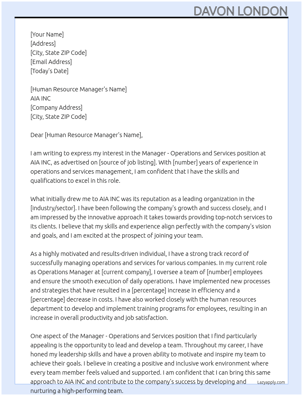 Manager - Operations and Services  At AIA INC Cover Letter