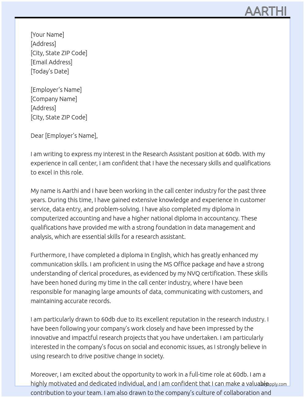 Research assistant  At 60db Cover Letter