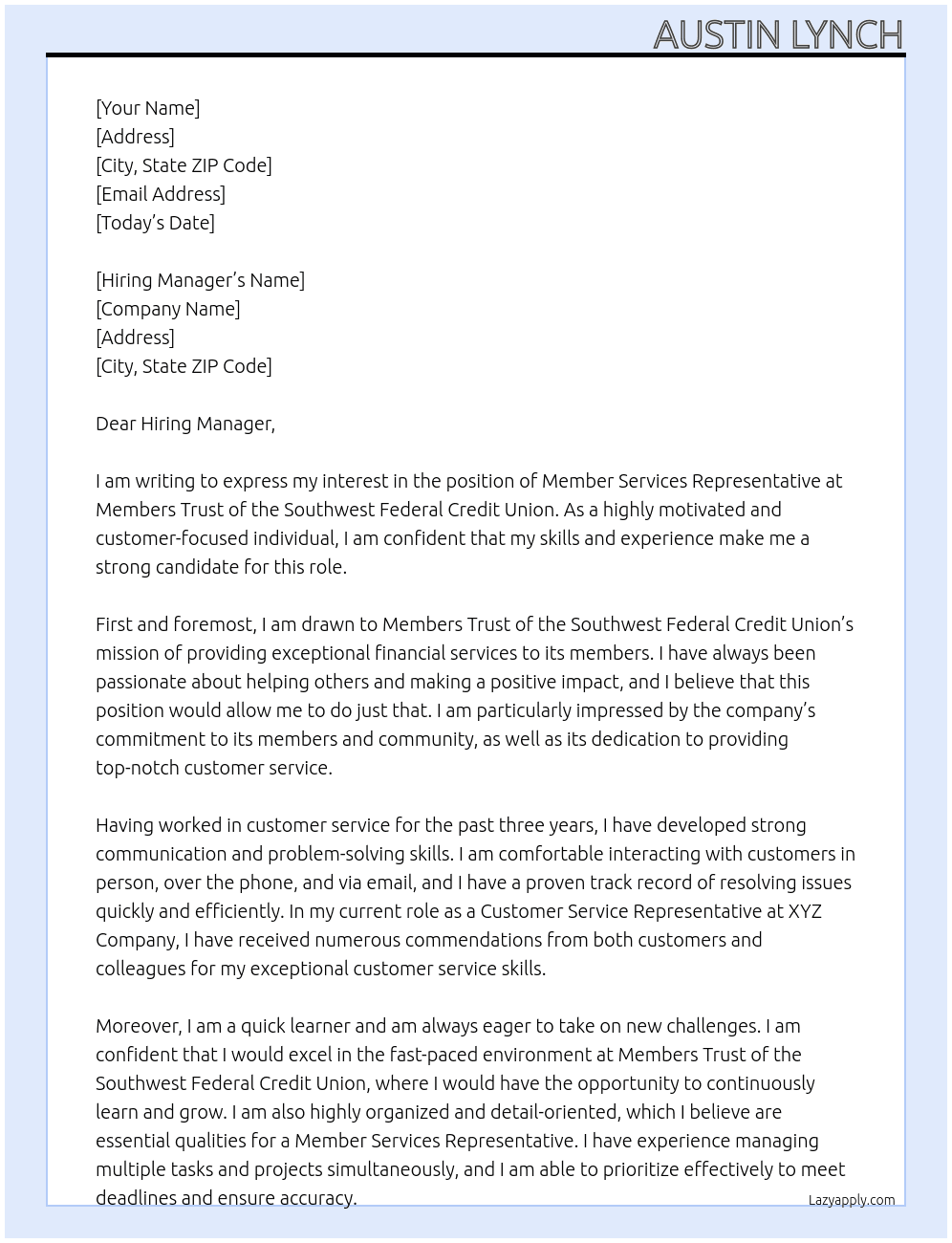 Member Services Representative At Members Trust of the Southwest Federal Credit Union Cover Letter