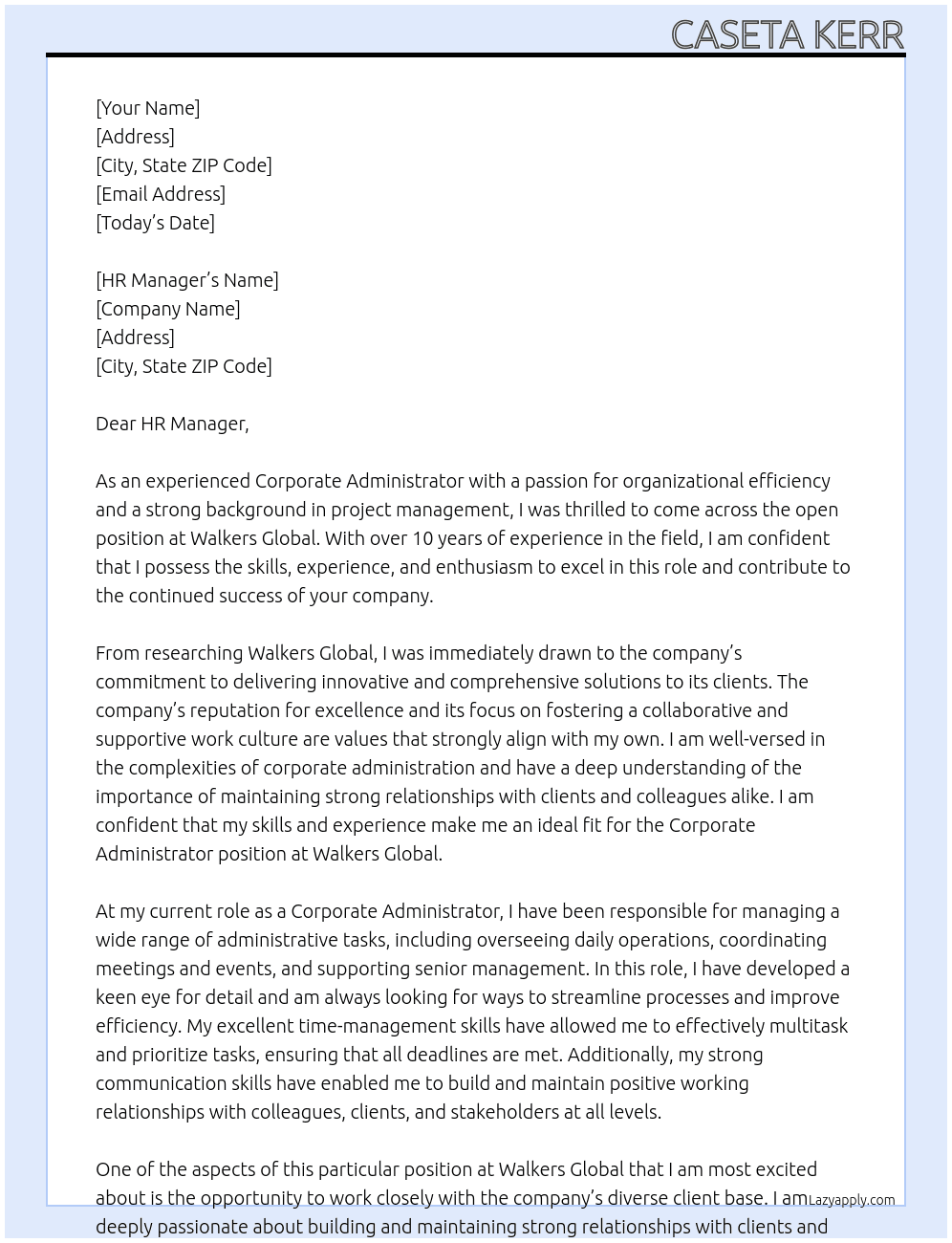 Corporate Administrator  At Walkers Global  Cover Letter