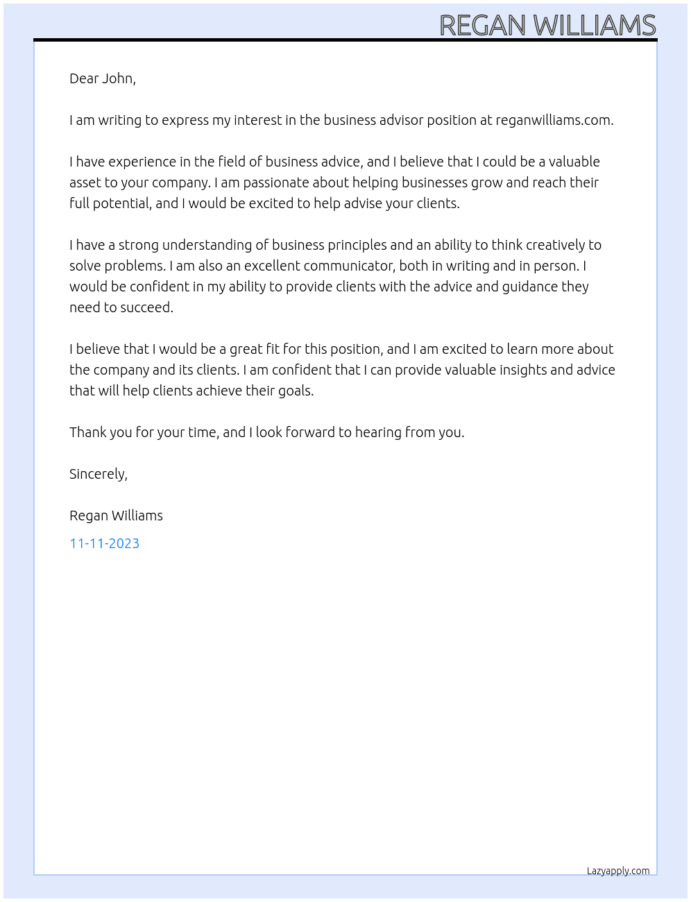 business advisor At reganwilliams.com Cover Letter