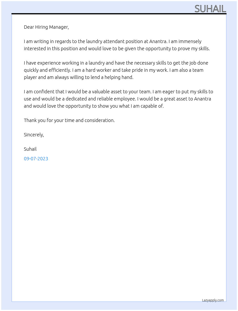 Laundry attendant At Anantra Cover Letter