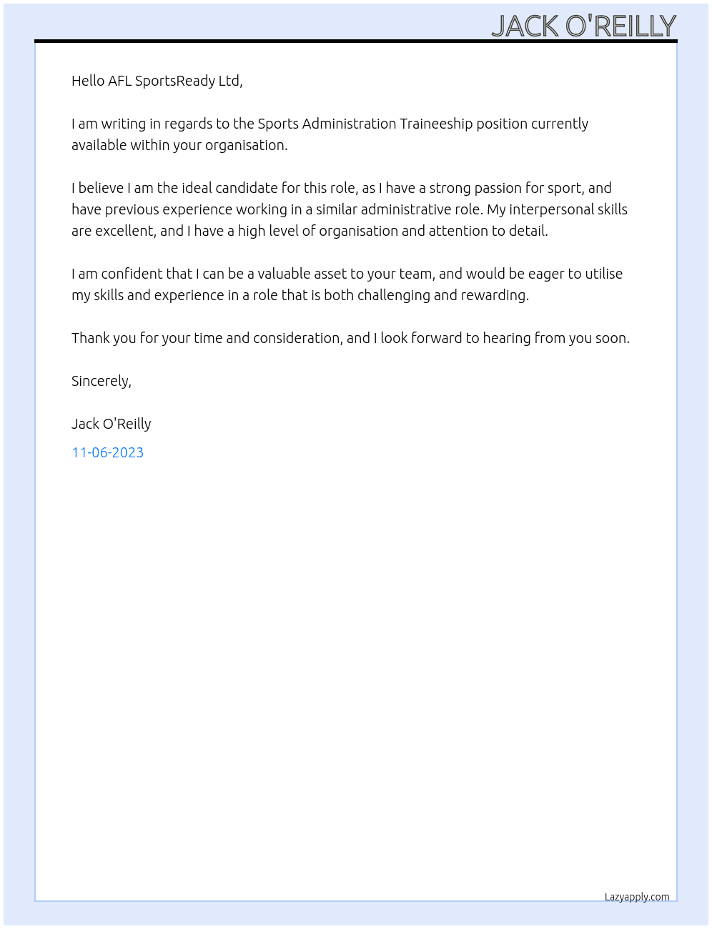 Sports Administration Traineeship At AFL SportsReady Ltd Cover Letter