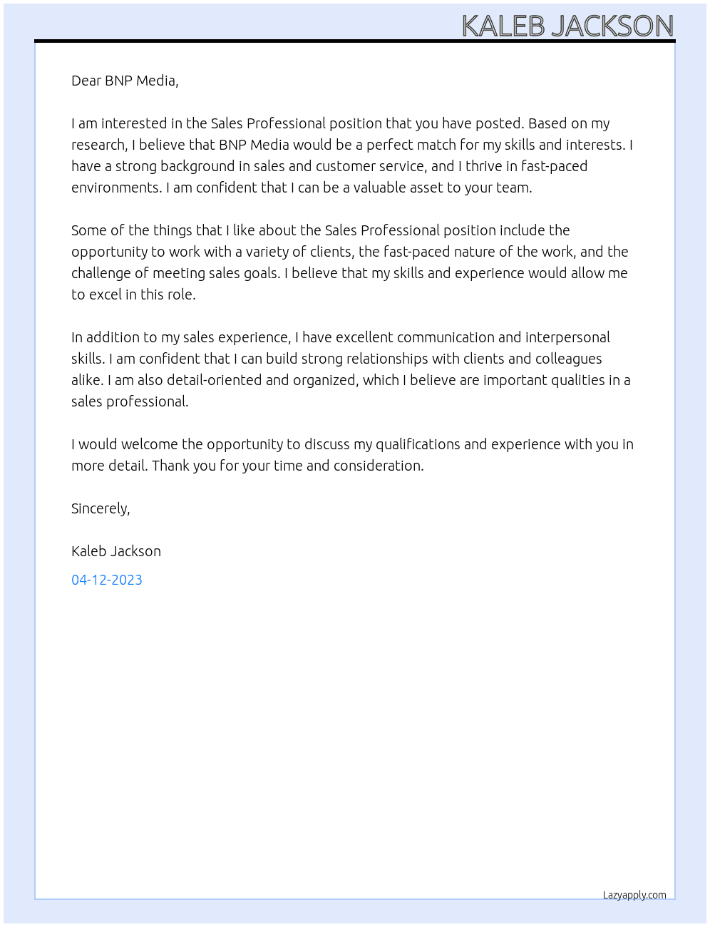 Sales Professional At BNP Media Cover Letter