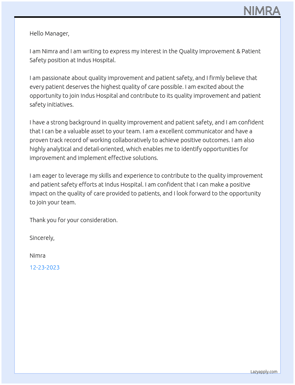 Quality Improvement & Patient Safety At Indus Hospital Cover Letter