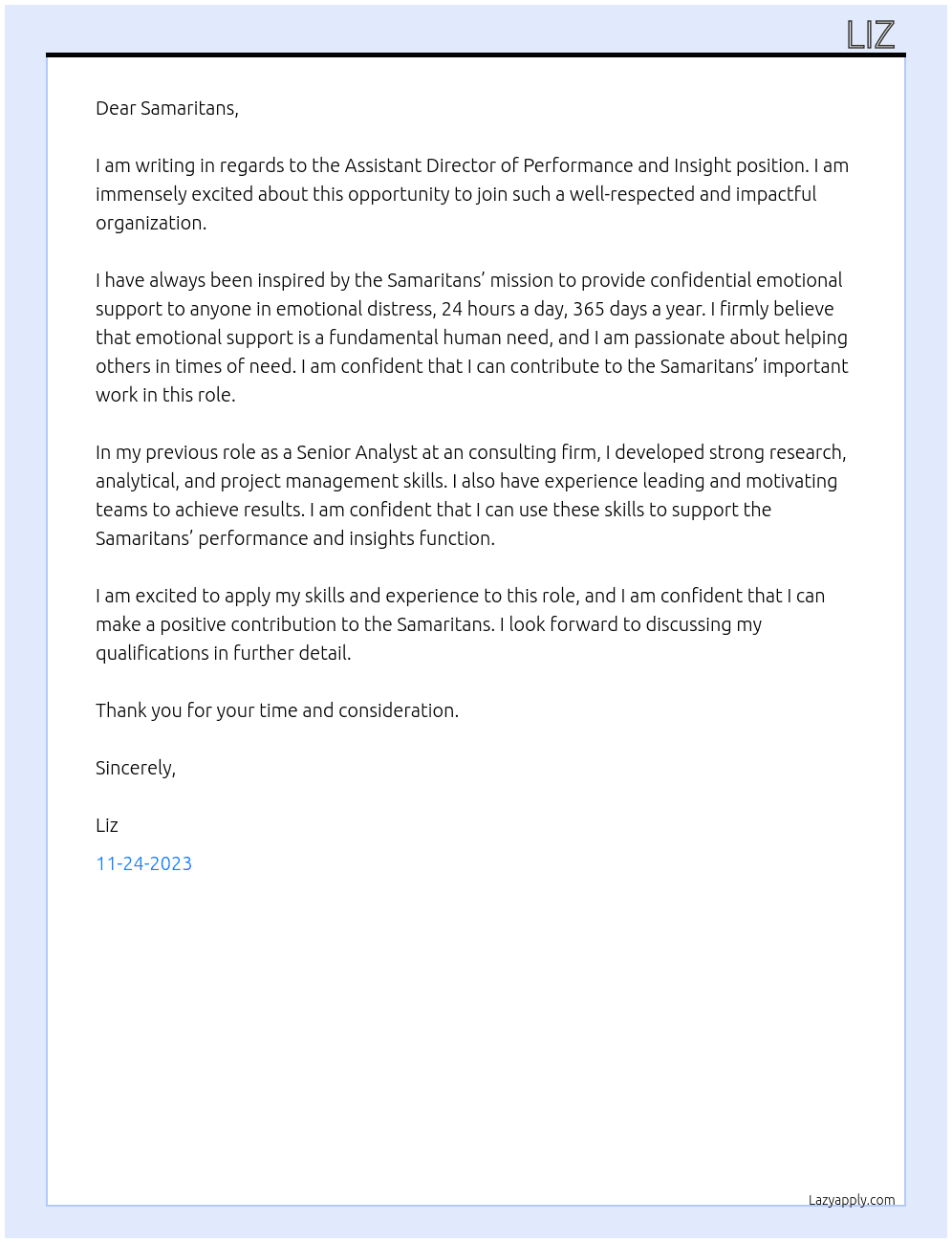 Assistant director of performance and insight  At Samaritans Cover Letter