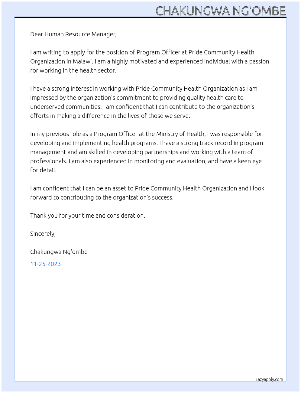 program officer in Malawi At Pride Community Health Organization Cover Letter