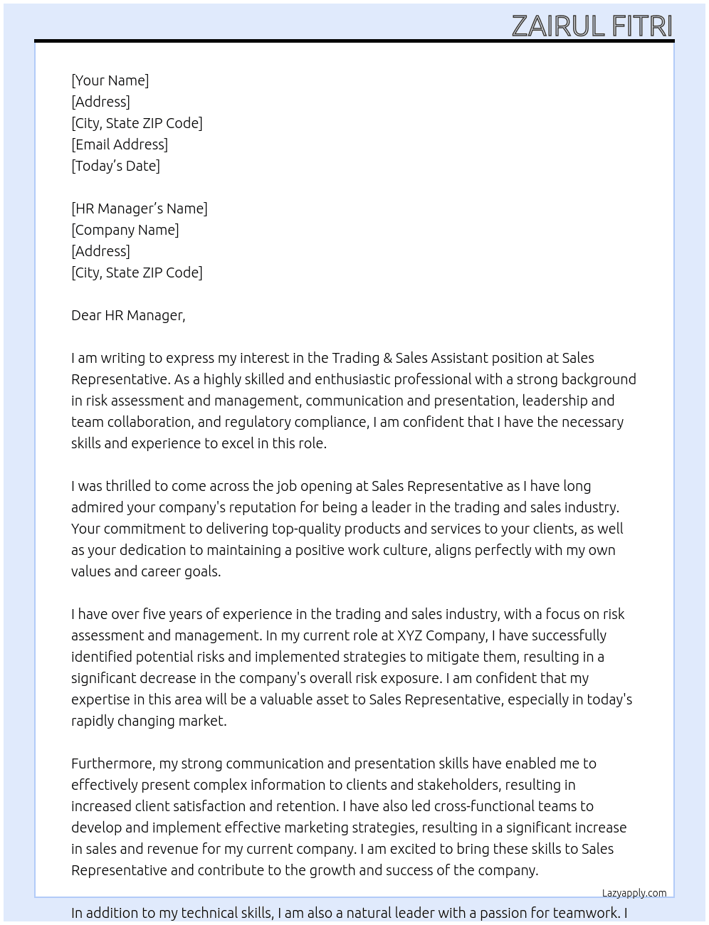 Trading & Sales Assistant At Sales Representative Cover Letter