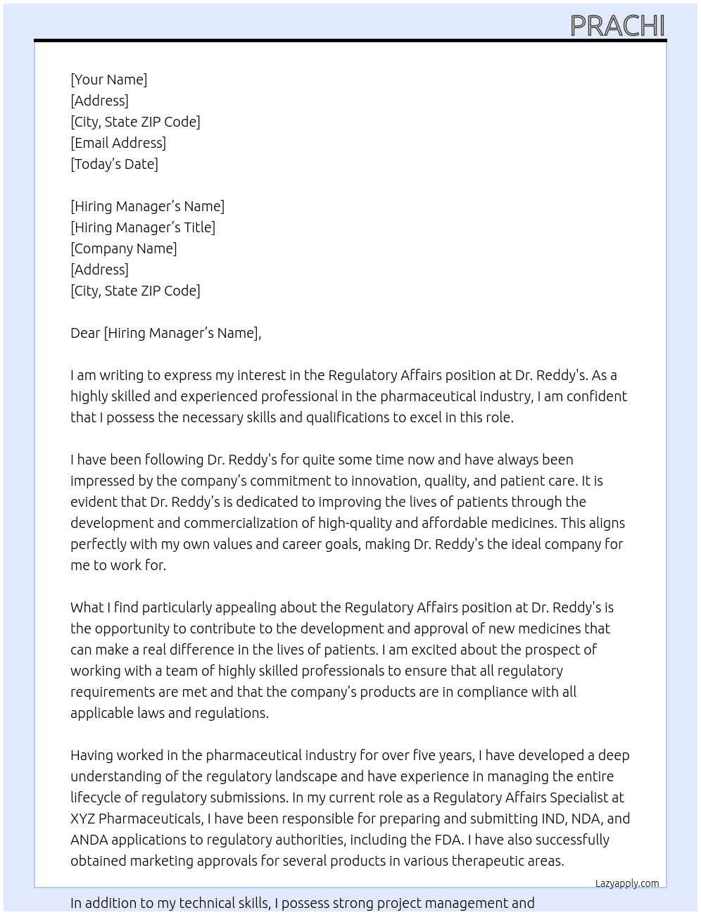 Regulatory Affairs At Dr. Reddy's Cover Letter