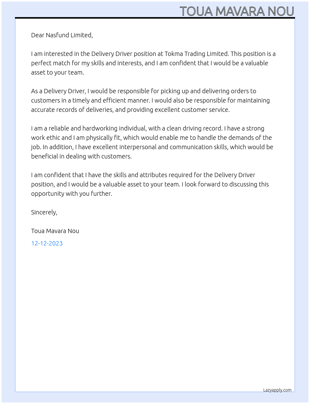 Delivery Driver At Tokma Trading Limited Cover Letter
