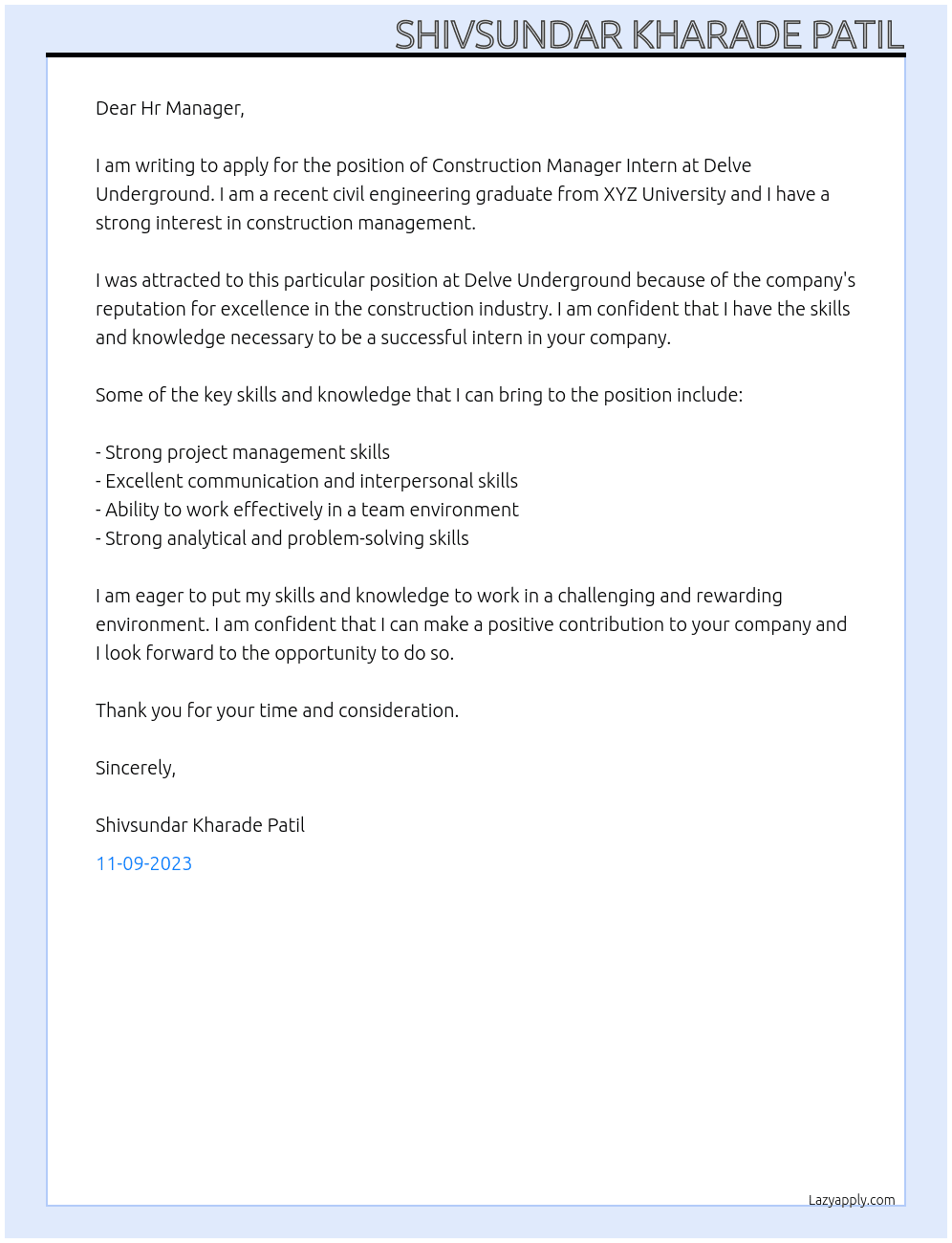 Construction Manager Intern At Delve Underground Cover Letter
