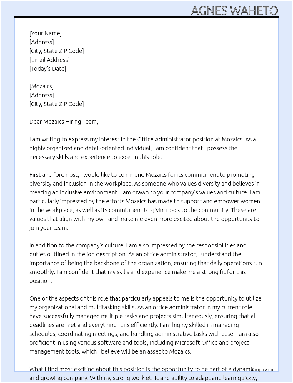 office administrator At Mozaics Cover Letter