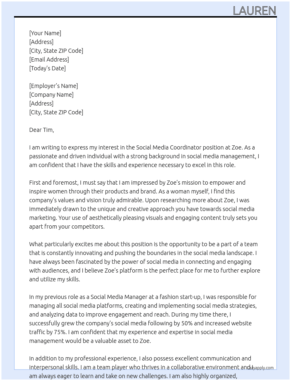 social media coordinator At zoe Cover Letter