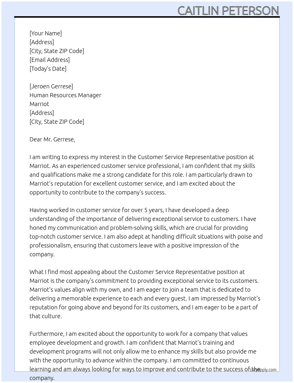 Customer Service Representative At Marriot Cover Letter