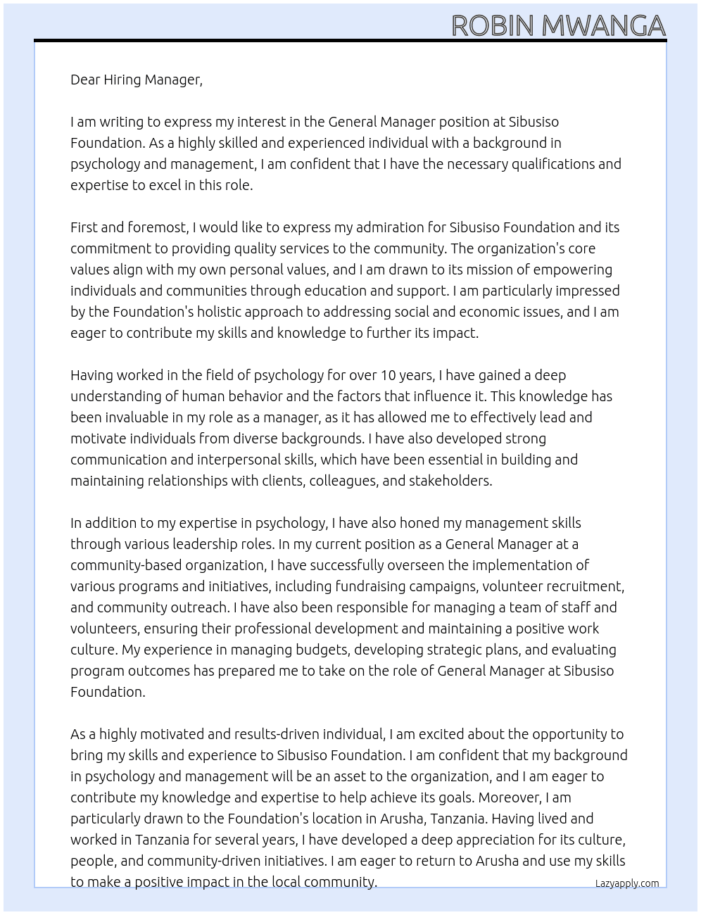 General manager At Sibusiso Foundation Cover Letter
