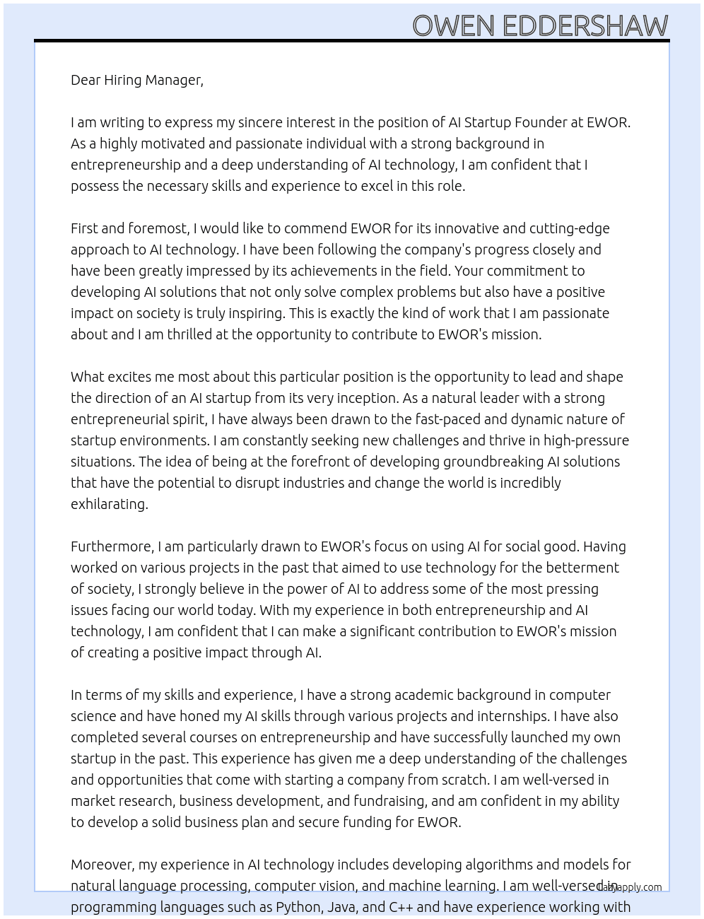 AI startup founder At EWOR Cover Letter