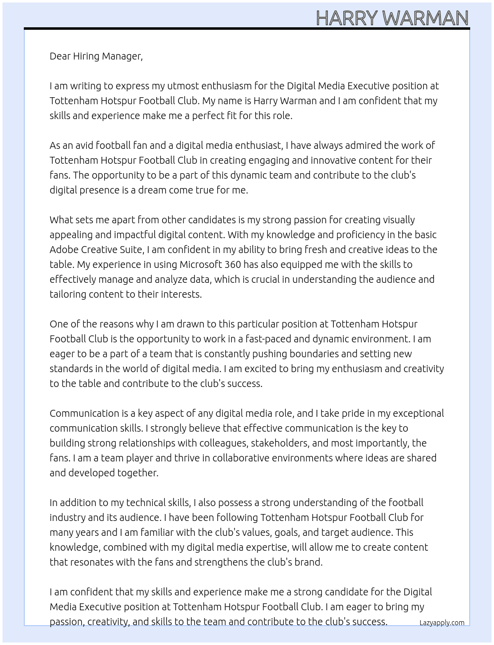 Digital media executive  At Tottenham Hotspur Football Club Cover Letter