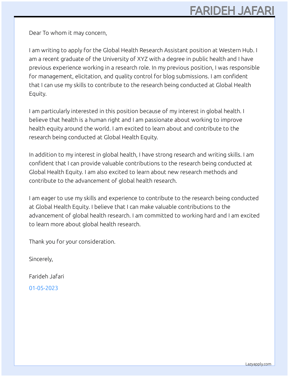 Global health research assistant At Global Health Equity at Western Hub Cover Letter
