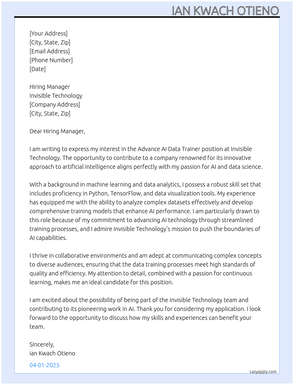 Advance AI Data Trainer At Invisible Technology Cover Letter