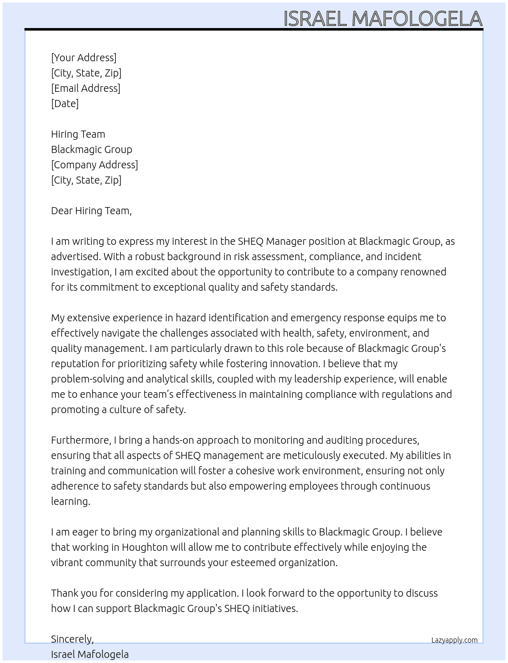 SHEQ  Manager At Blackmagic Group Cover Letter