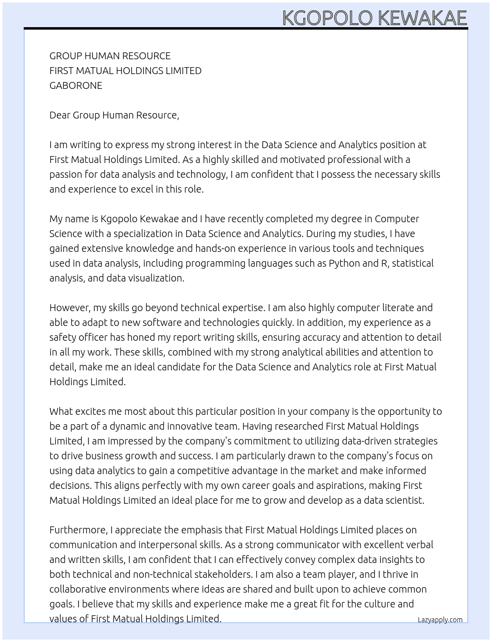 DATA SCIENCE AND ANALYTICS At FIRST MATUAL HOLDINGS LIMITED Cover Letter