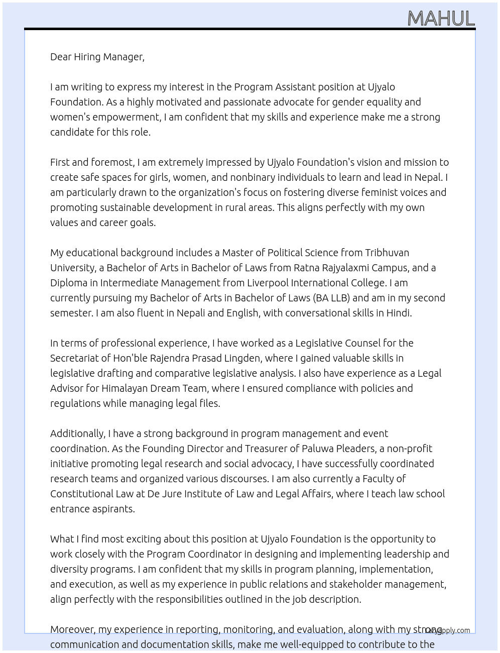 Program Assistant At Ujyalo Foundation Cover Letter