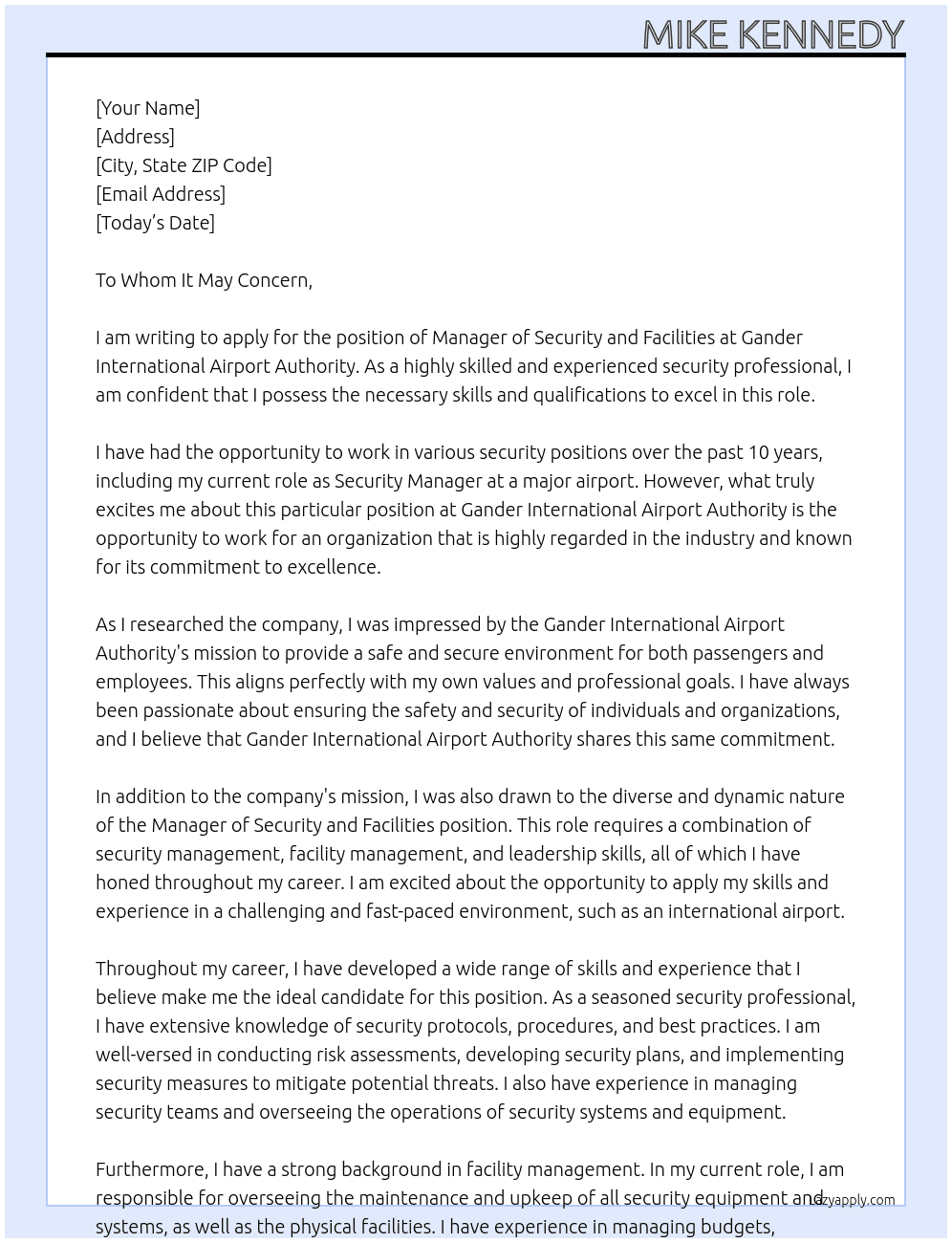 Manager of Security and Facilities At Gander International Airport Authority Cover Letter