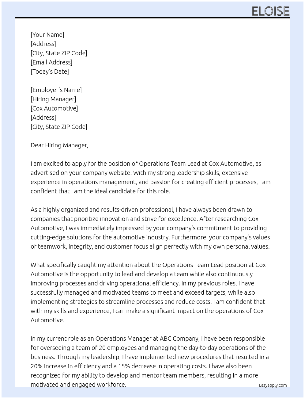 Operations team lead At Cox Automotive Cover Letter
