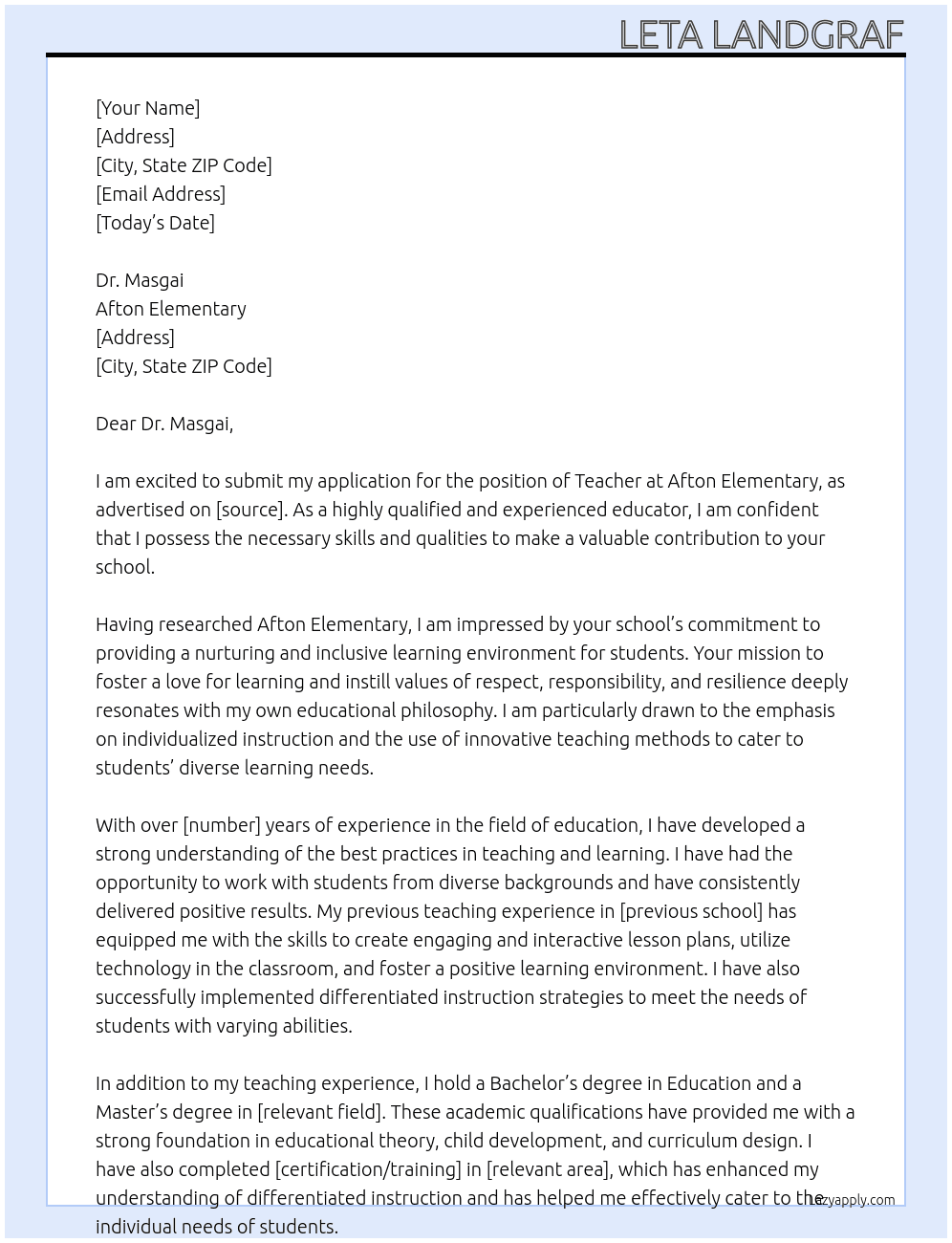 teacher At Afton Elementary Cover Letter