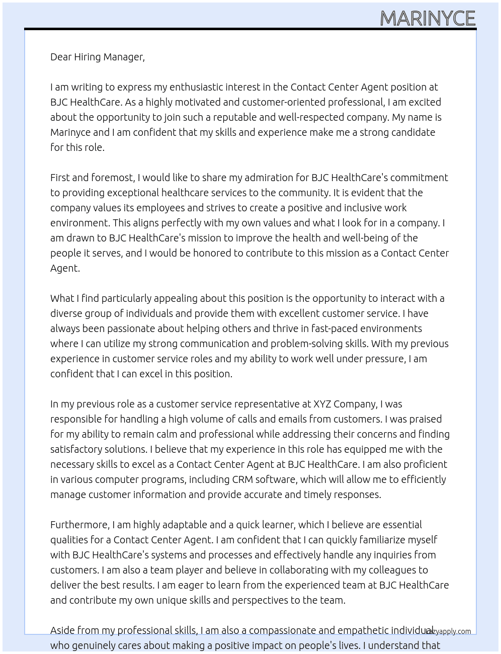 Contact center agent  At BJC HealthCare Cover Letter
