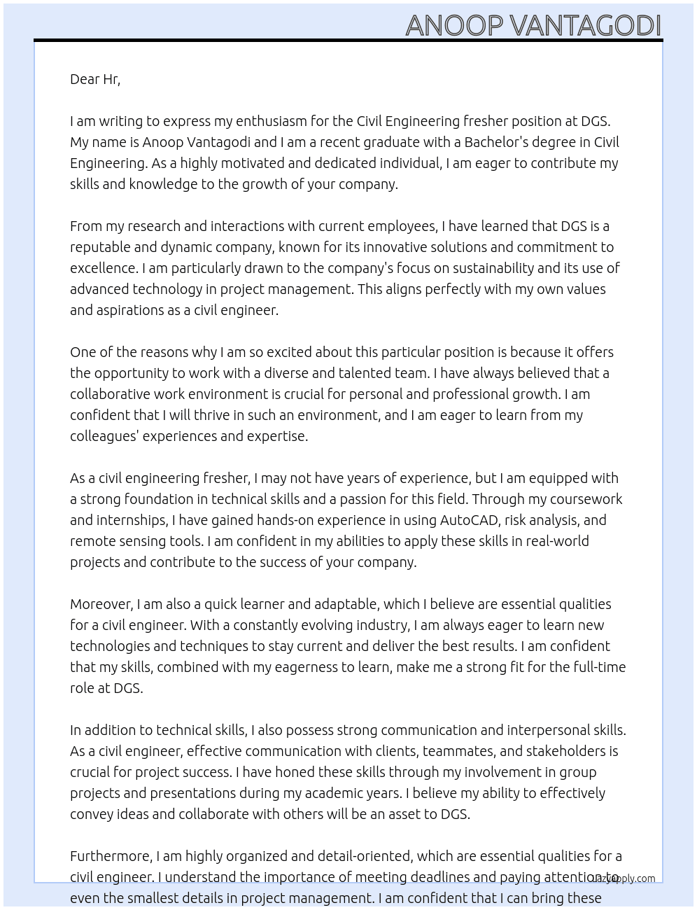 Civil engineering fresher  At DGS Cover Letter