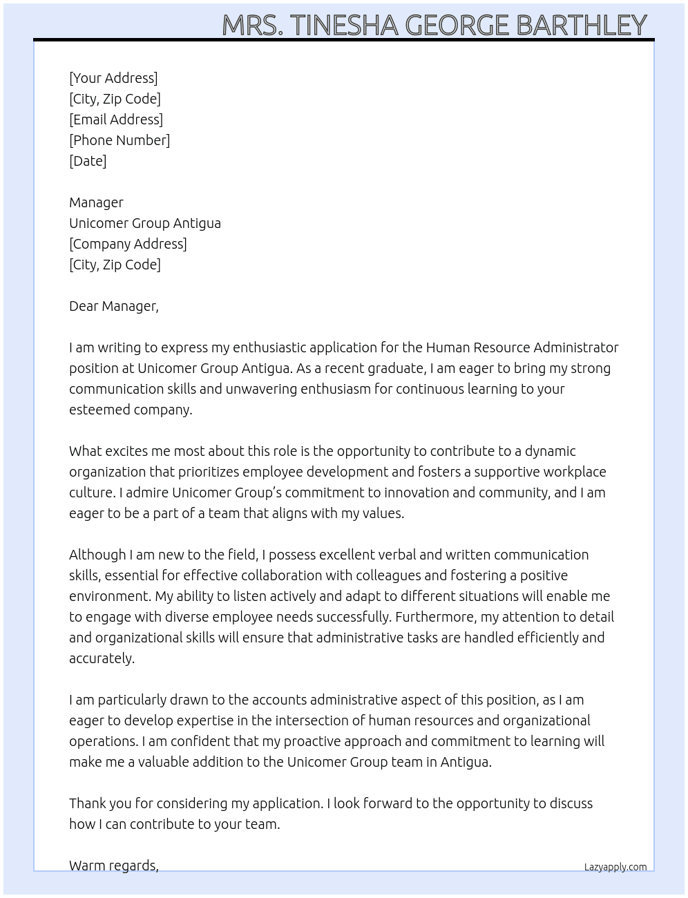  Human Resource Administrator At Unicomer Group Antigua  Cover Letter