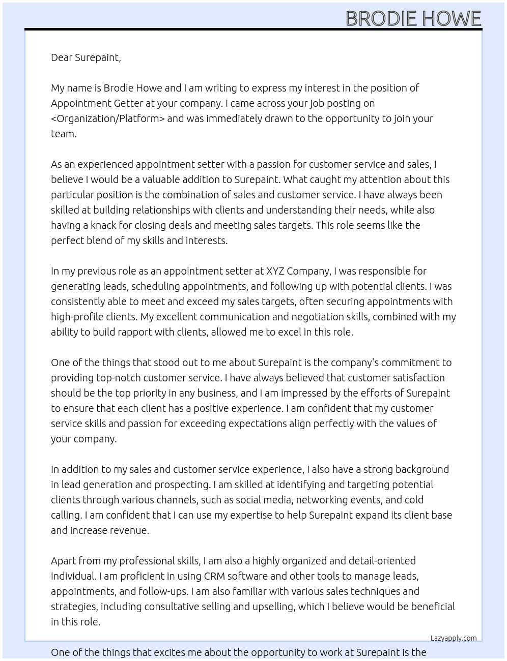 Appointment Getter At Surepaint Cover Letter