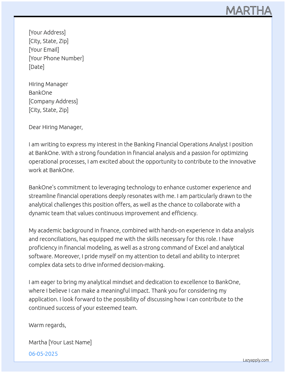 Banking Financial Operations Analyst I At BankOne Cover Letter